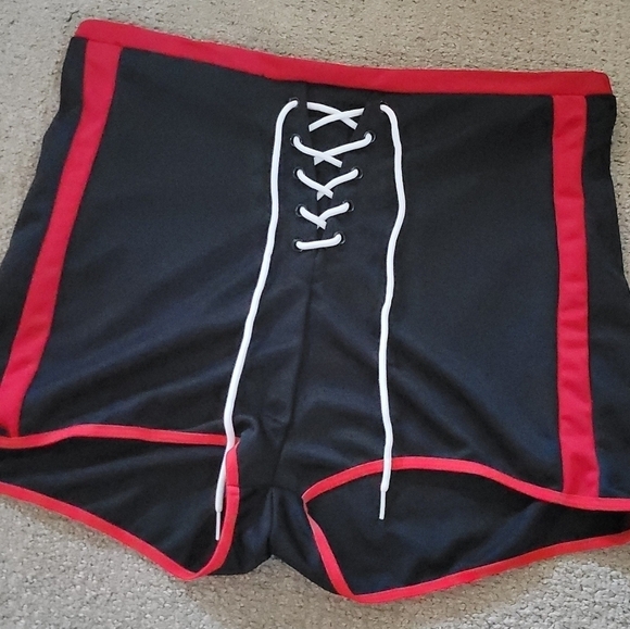 Dolls Kill 1/2 of Cheerleader Costume High Waist Lace Up Two Tone Mini Shorts - Picture 4 of 10